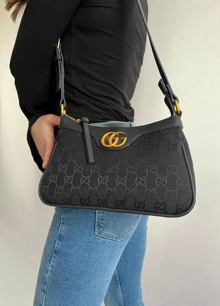 Жіноча сумка gucci гуччі чорного кольору молодіжна, брендова текстильна сумка через плече