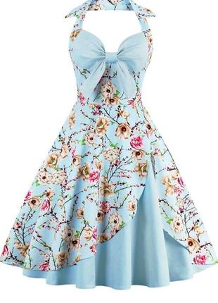 Літня котонова сукня, блакитна в квітковий принт, з бантом на декольте, розмір xxl