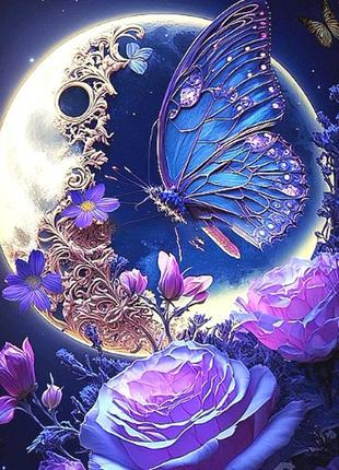 Алмазна мозаїка рожеві троянди з метеликом 25*35см круглі камені за номерами (розмір полотна 30*40 см)