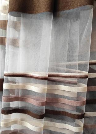 Тюль полоска фатин цвет бежево-коричневый гардина горизонтальными полосками турецкая для к...