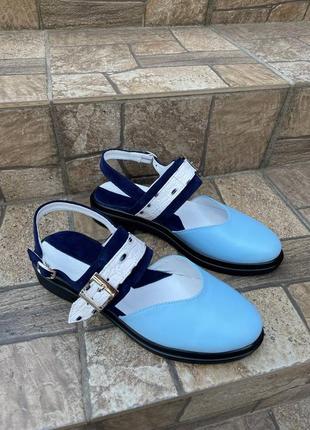 Яркие стильные голубые туфли мюли натуральная кожа замш