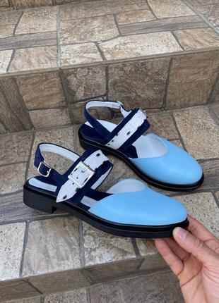 Яркие стильные голубые туфли мюли натуральная кожа замш