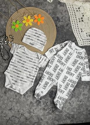 1+1=3 ⭐️ комплект dkny 0-3 56-62 чоловічок боді шапочка на новонароджених бавовна білий сірий