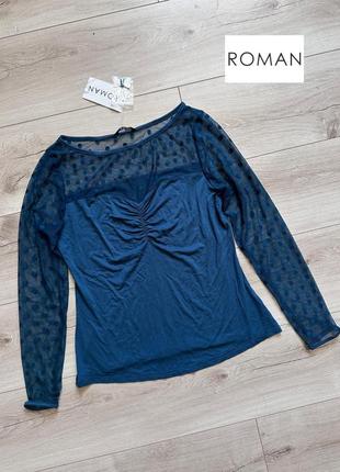 Кофта блуза с сетчатой отделкой в горошек со сборкой на груди roman