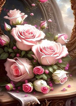 Алмазна мозаїка рожеві троянди в дзеркалі 25*35см круглі камені за номерами (розмір полотна 30*40 см)