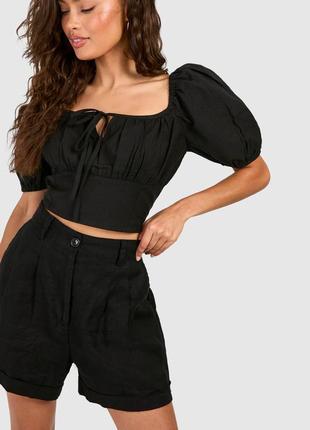 Новый хлопковый топ с пышными рукавами крестьянка boohoo черный кроп-топ рукава буфы фонарики хлопок