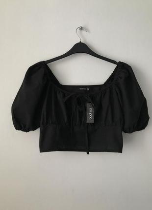 Новый хлопковый топ с пышными рукавами крестьянка boohoo черный кроп-топ рукава буфы фонарики хлопок2 фото
