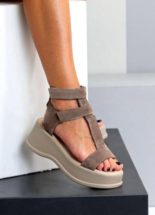 Женские босоножки высокая подошва / платформа на липучках из натуральной замши мокко, босоножки на танкетке замшевые 22011