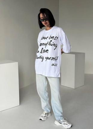 Футболка женская длинная из кулира с надписями размер универсальный