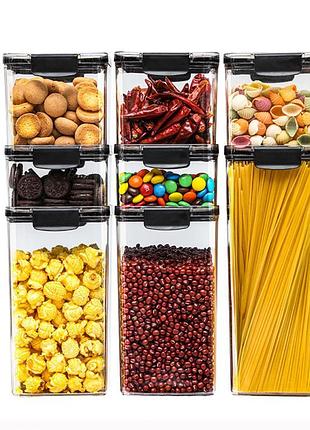 Комплект контейнеров для сыпучих продуктов, прозрачные с герметичными черными крышками, kit 8 шт