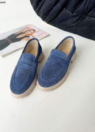 Лофери жіночі сині натуральньна замша з перфорацією, летние замшевые лоферы туфли джинс2 фото
