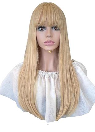 Парик длинный прямой блонд с пробором и челкой женский из термоволокна блондинка 67см