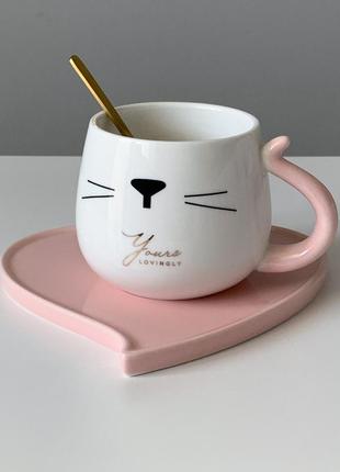 Чашка "котик" з блюдечком серцем
