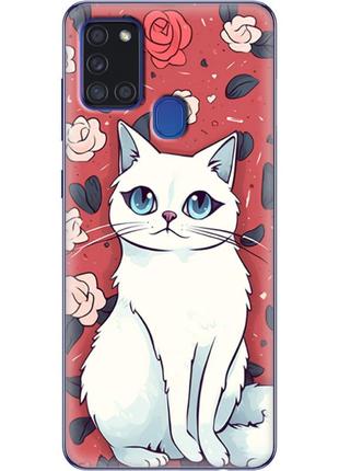 Чехол силиконовый с картинкой на samsung galaxy a21s (a217) (иллюстрация котик с цветами)