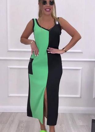 Сукня міді на брителях з розрізом по нозі з кишенею вільного крою якісна стильна трендова зелена чорна