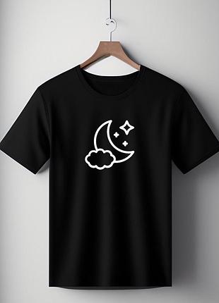 Футболка чорна оверсайз унісекс  з принтом " місяць у хмарах " розмір s-xl