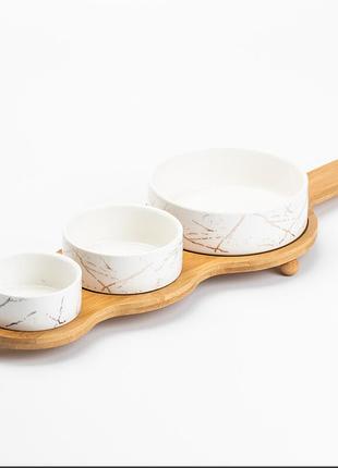 Набор для закусок керамический 3 предмета на бамбуковой подставке
