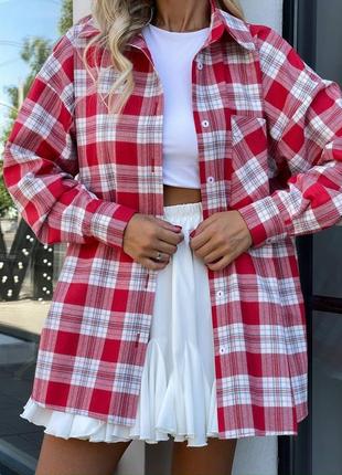 Фланелева жіноча сорочка оверсайз в біло-червону клітинку