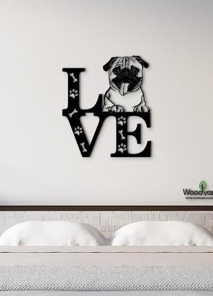 Панно love&paws мопс 20x23 см - картини та лофт декор з дерева на стіну.