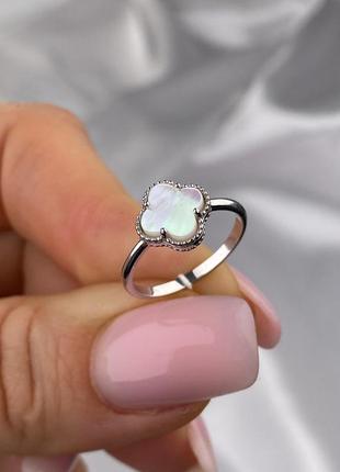 🇺🇦 кольцо серебро 925° покрытие родий, вставка им. перламутр, клевер-калиф 1438.10р