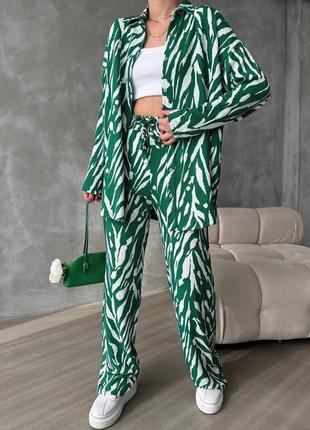 Костюм с принтом зебра рубашка оверсайз на пуговицах удлиненная брюки клеш палаццо комплект голубой черный зеленый легкий весенний рубашка трендовый