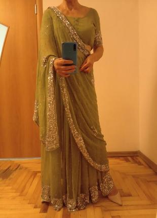 Роскошное сари с вышивкой паетками,  комплект, индийский наряд6 фото