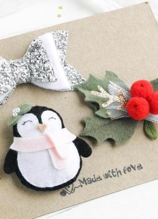 Дитячі новорічні заколки для дівчинки / заколка пінгвін3 фото