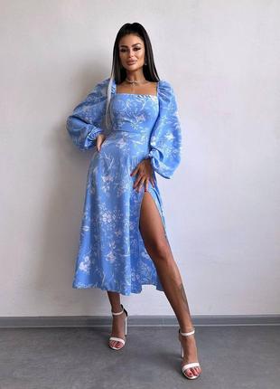 Сукня міді зі шнурівкою на спинці, плаття міді з розрізом на ніжці з квітковим принтом