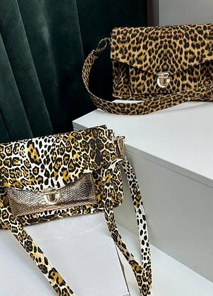 Эксклюзивная сумка клатч из итальянской кожи и замши женская леопардовая золотистая