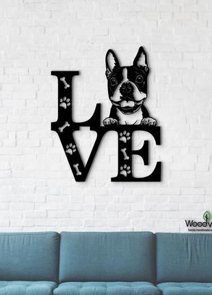 Панно love&paws бостонський тер'єр 20x25 см - картини та лофт декор з дерева на стіну.