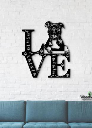Панно love&bones американський стаффордширський тер'єр 20x23 см - картини та лофт декор з дерева на стіну.