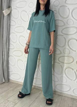Стильный женский летний костюм американский креп брюки и футболка с надписью rich 42-44, 46-48, 50-52 (rich)5 фото