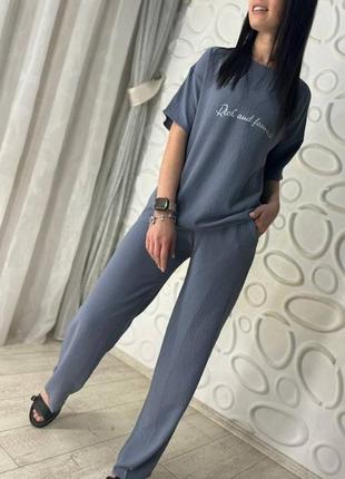 Стильный женский летний костюм американский креп брюки и футболка с надписью rich 42-44, 46-48, 50-52 (rich)4 фото