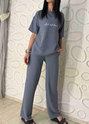 Стильный женский летний костюм американский креп брюки и футболка с надписью rich 42-44, 46-48, 50-52 (rich)3 фото