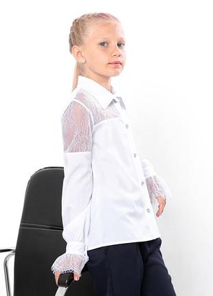 Підліткова дитяча біла блуза з ажурними рукавами для школи, шкільна блузка, шкільна сорочка з мереживними рукавами, блуза з мереживом