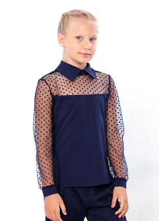 Підліткова дитяча синя блуза з ажурними рукавами для школи, шкільна блузка, шкільна сорочка з мереживними рукавами, блуза з мереживом