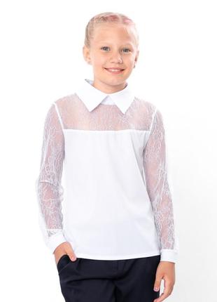 Підліткова дитяча біла блуза з ажурними рукавами для школи, шкільна блузка, шкільна сорочка з мереживними рукавами, блуза з мереживом