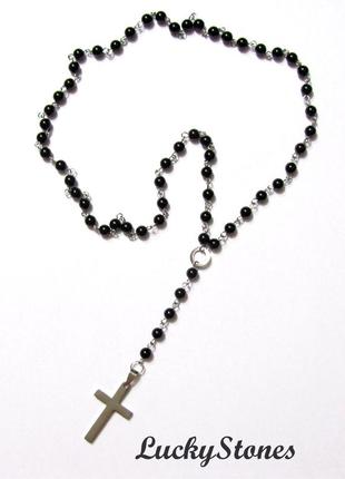 Розарій із чорного оніксу, фурнітура та хрест із нержавіючої сталі.