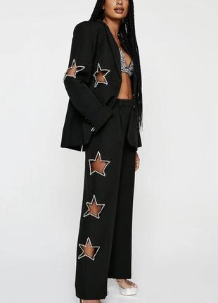 Блейзер и брюки со стразами и вырезами в виде звезд, комплект из двух предметов - черный