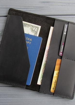 Кожаный тревел кейс, портмоне для документов, кошелек для путешествий_черный1 фото