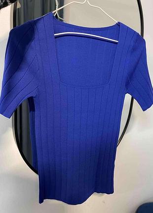 Качественная белая/синяя трикотажная футболка реглан топ квадратный вырез xs-l