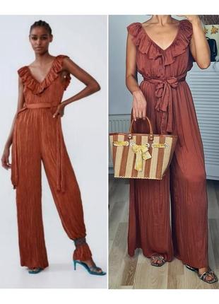 Шелковый комбинезон zara брючный комбинезон кюлоты комбинезон палаццо оранжевый коричневый терракотовый комбинезон летний