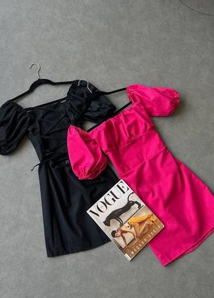Сукня міні з відкритою спиною на зав'язках рукава ліхтарики з широким поясом на талії плаття рожева чорна біла коротка трендова стильна1 фото