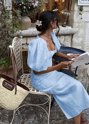 Трендова лляна сукня максі з пишними рукавами