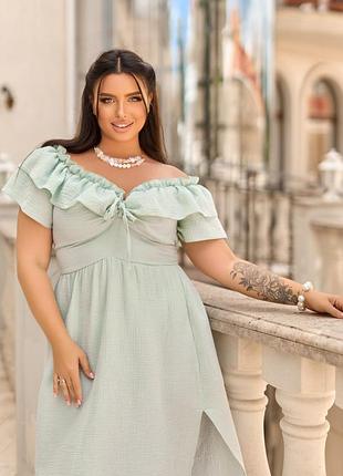 42-64р літня сукня нижче колін батал великі розміри муслін жатка бавовна бузок оливка бірюза3 фото