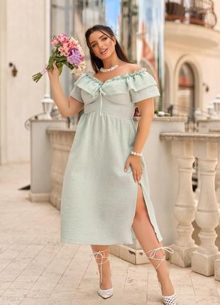 42-64р літня сукня нижче колін батал великі розміри муслін жатка бавовна бузок оливка бірюза5 фото