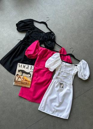 Сукня міні з відкритою спиною на зав'язках рукава ліхтарики з широким поясом на талії плаття рожева чорна біла коротка трендова стильна