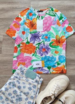 Оверсайз футболка zara з квітковим принтом нова колекція розмір s