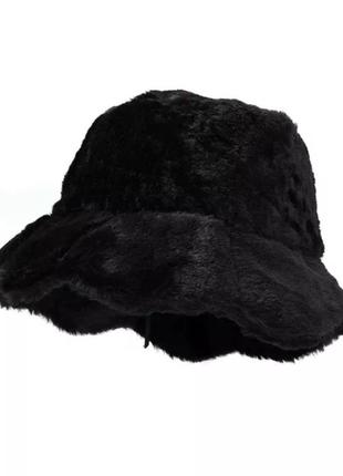 Шапка-панама квітка з куліскою (хутрова, плюшева, пухнаста, тедді, баранчик) чорна, унісекс wuke one size