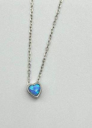 Серебряное колье с голубым сердечком из опала, размер 43 см x 0,1 см, вес: 1.7 г